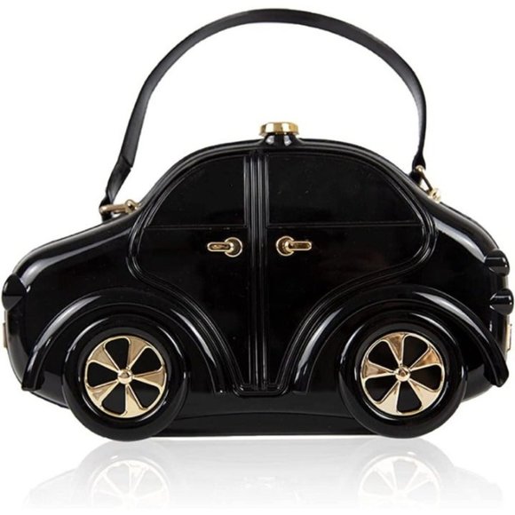 BLACK CAR SHAPED NOVELTY RETRO VINTAGE HANDBAG CROSSBODY CLUTCH - Picture 1 of 2